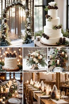 a collage of photos with pine cones, candles and flowers on the cake table