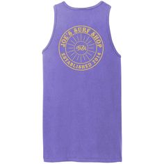 The many colors of the Joe's Surf Shop Sun Beach Wash® Garment-Dyed Tank Top brings such a fresh look to this men's surf tank top. With the coral, blue moon, and violet this pigment-dyed tank top is perfect for your summer outdoor activities. 5.5-ounce, 100% garment-dyed ring spun cotton Sizes S-4XL Printed in the USA Free Shipping on US orders 75$+ Summer Soft-washed Purple Tops, Beach Acid Wash Cotton Tops, Acid Wash Cotton Tops For Beach, Acid Wash Cotton Top For The Beach, Acid Wash Cotton Tops For The Beach, Casual Acid Wash Tops For Beach, Purple Crew Neck Top For The Beach, Laguna Hills California, Sun Logo