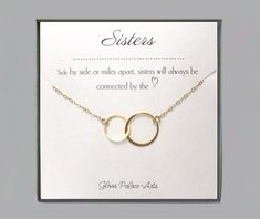 "* D E T A I L S * Eternity bracelet with sister note card - In Gold, Rose Gold or Sterling Silver A beautiful keepsake to show your sister how much you love her. - 14k gold vermeil or sterling silver interlocking hoops measure 27mm combined - Bracelet is made with a shimmery 14k gold fill, rose gold fill or sterling silver chain - Available in multiple lengths - Choose size during check out - Infinity has a tiny stamp of authenticity of sterling or 24k gold on one side - Bracelet is adjustable Sister Necklaces For 2, Infinity Symbol Necklace, Big Sister Bracelet, Granddaughter Jewelry, Soul Sisters Gifts, Eternity Bracelet, Interlocking Circle Necklace, Sister Bracelet, Sister Jewelry