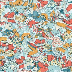 an image of many different colored animals on a blue and red background with orange accents