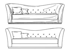 a drawing of a couch with pillows on the top and bottom, in black and white