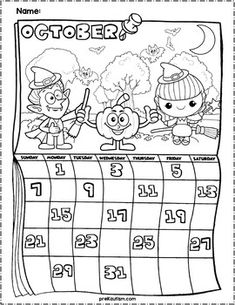 an october calendar with cartoon characters on the pages and numbers to print out for kids