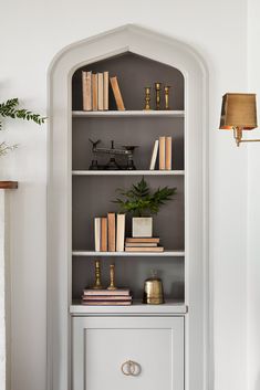 a white book shelf with books on top of it next to a fireplace and potted plant