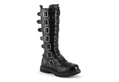 The Riot-21 in real leather features seven metal plated straps each with a durable roller buckle that give this boot its signature look. They are also available in Vegan Leather. Alternative Leather Combat Boots With Metal Feet, Alternative Leather Knee-high Combat Boots, Leather Combat Boots With Metal Feet In Alternative Style, Alternative Style Leather Combat Boots With Metal Feet, Leather Combat Boots With Metal Feet For Alternative Fashion, Alternative Style Knee-high Leather Combat Boots, Gothic Leather Combat Boots With Buckle Closure, Leather Combat Boots With Rivets For Concert, Leather Combat Boots With Rivets For Alternative Fashion