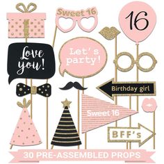 PRICES MAY VARY. FULLY ASSEMBLED = NO WASTED TIME GLUING THEM TOGETHER 🌟 Your pink and gold 16th photo booth props will arrive to you in a sturdy box, already pre-assembled onto thick 9.5 inch wooden sticks. All you have to do is take them out of the box and you’re ready to go! We also include 30 glue dots that are optional to use in case you want to add even more support. We’ve seen many of our customers use the glue dots to add a few of the props to their walls as added party decor! PRETTY DE Diy Fotokabine, Birthday Photo Booth, Sweet 16 Photos, Birthday Props, Sweet 16 Decorations, Birthday Photo Booths, Glitter Rosa, Gold Birthday Party, Sweet 16 Birthday Party