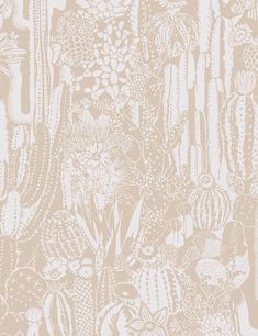 a beige and white wallpaper with many different types of cactuses on the side