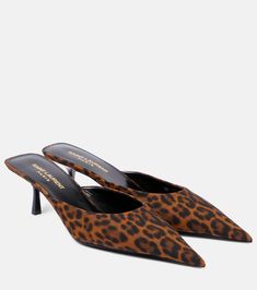 Barbara 55 leopard-print grosgrain mules in brown - Saint Laurent | Mytheresa Designer Mules, Minimal Shoes, Mid Heels Pumps, Mid Heel Sandals, Pointed Heels, Kitten Heel Pumps, Saint Laurent Shoes, Evening Shoes, Luxury Brands