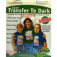 an advertisement for transfer to dark t - shirts with three children in front of it