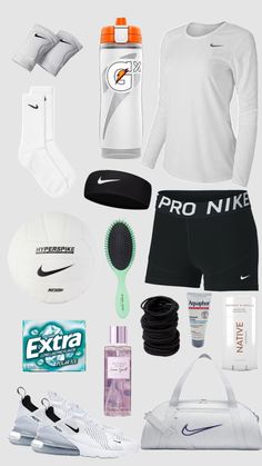 an assortment of sports gear including shoes, water bottle, and other personal care items