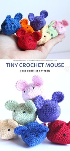 tiny crochet mouse is in the palm of someone's hand, and there are many mice