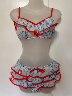 Vintage Two Piece Swimsuit, Fitted Ruffled Underwire Swimwear, Fitted Underwire Swimwear With Ruffles, Fitted Underwire Ruffle Swimwear, Retro Fitted Swimwear For Beach, Fitted Retro Swimwear For Beach, Vintage Red Swimwear For Beach, Vintage Triangle Top Swimwear For Beach, Vintage Triangle Top Swimwear For Vacation