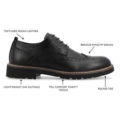 Introducing the Campbell wingtip derby by Vance Co. These professional-style shoes are crafted with premium vegan leather for a business-savvy look. Featuring a 12 mm Tru Comfort Foam™ insole and a lace-up design, they provide all-day comfort and a customizable fit. With a 1-1/4 inch block heel, round-toe shape, and padded tongue for extra comfort, the Campbell wingtip derby combines classic elegance with modern convenience, making it the perfect choice for the office or any professional setting Wingtip Derby Shoes For Work With Branded Insole, Workwear Derby Shoes With Brogue Detailing And Plain Toe, Workwear Derby With Brogue Detailing And Plain Toe, Plain Toe Derby With Brogue Detailing For Work, Workwear Plain Toe Derby With Brogue Detailing, Wingtip Derby Shoes With Rubber Sole For Work, Wingtip Derby Shoes With Brogue Detailing For Work, Wingtip Derby With Rubber Sole For Work, Wingtip Oxfords With Textured Sole For Office