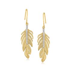 Ross-Simons - .10 ct. t. w. Diamond Feather Drop Earrings in 18kt Gold Over Sterling. Fancy feather drops shimmer with .10 ct. t. w. round diamonds on this feminine pair. Crafted in 18kt yellow gold over sterling silver, the earrings feature textured and polished finishes for a lifelike touch. Hanging length is 1 1/2". Earwire, diamond feather drop earrings. Diamond birthstones are the perfect gift for April birthdays. Diamond Birthstone, Natural Gold, Diamond Drop Earrings, Diamond Drops, Fine Jewellery Earrings, Diamond Stone, Earring Backs, Round Diamonds, Sterling Silver Jewelry