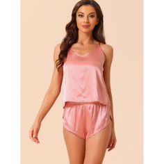 This style of lounge sets is easy to put on or take off, giving you a light and simple dressing experience, keeping you nice and comfortable all day. Top: Cami crop tops features tie back and adjustable spaghetti strap. Bottom: shorts featured elastic waist. The soft pajamas set for women is smooth, lightweight, breathable and comfortable to wear.This pajama set is casual and classy, even if a guest visits suddenly, you won't feel embarrassed, make your home life more convenient. The pajama sets Elegant Sleepwear, Simple Dressing, Satin Short, Lounge Pajamas, Soft Pajamas, Satin Pyjama Set, Sleepwear Sets, Womens Pyjama Sets, Satin Pajamas