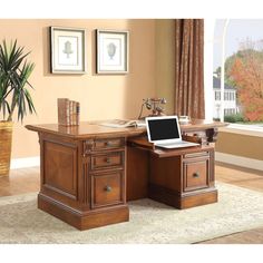 a laptop computer sitting on top of a wooden desk next to a potted plant