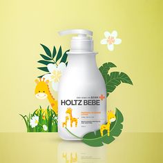 a bottle of holiz bebe on a yellow background with flowers and giraffes