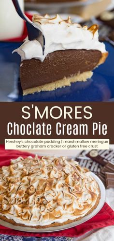 s'mores chocolate cream pie on a blue plate with the title above it