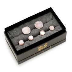 Beautiful creamy pink mother of pearl has been cut into a cushioned disc and surrounded in shiny sterling silver, to create this elegant set of cufflinks and tuxedo studs. Cufflinks feature round logo swivel closures for ease of dressing, and the studs have soft-edged fixed backings to keep them in place all night long. Perfect for any spring or summer formal occasions. Includes gift box. Logo Rond, Tuxedo Studs, Pearl Cufflinks, Round Logo, Elegant Sets, Stud Set, Pearl Studs, Color Rosa, Mother Of Pearl