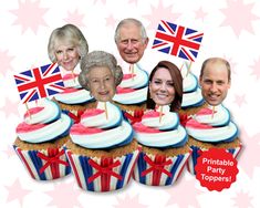 a group of people with cupcakes and flags on them for a british party