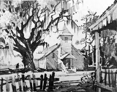 a black and white drawing of a church in the background with trees on either side