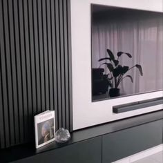 a black and white living room with a tv on the wall, plants in vases next to it