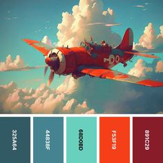 an airplane flying in the sky with clouds behind it and color swatches on each side