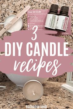 three diy candle recipes in a white bowl on a marble counter top with pink text overlay