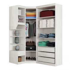 an open closet with clothes and other items on shelves, including folded towels in the bottom section