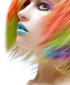 ♥ Blue Lipstick, Multicolored Hair, Funky Hairstyles, Colored Hair, Rainbow Hair, Hair And Makeup, Dyed Hair