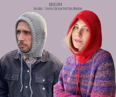 a man and woman wearing knitted hoodies with the caption, on a purple background