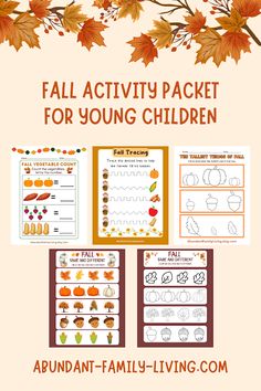 the fall activity packet for young children with an image of autumn leaves and pumpkins