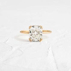 Product photo of 14k Yellow Gold 2.6ct. Cushion-cut Solitaire Diamond Threaded Engagement Ring featuring four triple-prongs|14k Yellow Gold Dainty Gold Band, Cushion Cut Solitaire, Moissanite Solitaire Ring, Cushion Cut Engagement, Cushion Cut Moissanite, Basket Setting, Inspiration Photos, Cushion Cut Ring, Cushion Ring