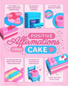 the instructions for making an affirmation cake are shown in pink and blue colors