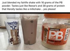 three different types of proteins and drinks on a counter with the caption, just blended my favorite shake with 16 grains of the pb powder