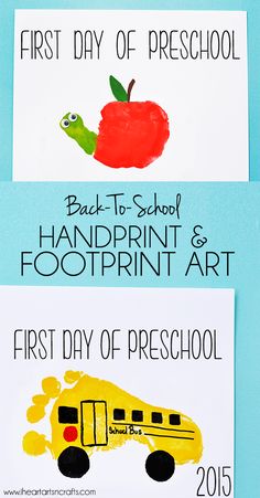 the first day of preschool handprint and foot print art is displayed on a blue background