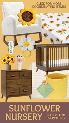 a baby's nursery with sunflower nursery decor