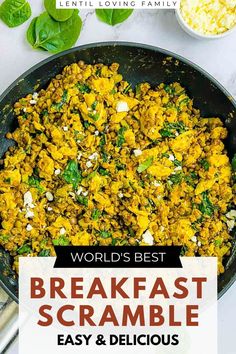 Lentil breakfast scramble in skillet and plates. Quick Vegetarian Breakfast, Breakfast Scramble, Egg Scramble, Balanced Breakfast, Global Cuisine, Vegetarian Appetizers, Lentil Recipes, Nutritious Breakfast, Vegetarian Breakfast