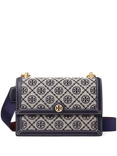 navy blue leather/canvas full jacquard gold-tone hardware foldover top with press-stud fastening internal zip-fastening pocket partitioned compartment Tory Burch Shoulder Bag, T Monogram, Tory Burch Purse, Tory Burch Kira, Dresses Designer, Tory Burch Bag, Women's Handbags, Clothing Dresses, Blue Bags