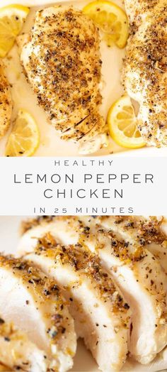 lemon pepper chicken with lemon slices, overlay text, close up of chicken Lemon Pepper Chicken Breast Recipe, Baked Lemon Chicken, Recipes With Chicken And Peppers, Low Cholesterol Recipes, Julie Blanner, Low Calorie Dinners, Lemon Pepper Chicken, Pepper Chicken, Baked Chicken Breast