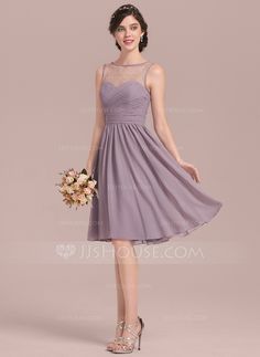 a - line / princess scoop neck knee - length chiffon bridesmaid dress