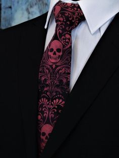 ****the fabric used to create this wonderful tie has natural variations in the color. The fabric has a faded in the charcoal and the pink skulls of the fabric. This is not a flaw but the characteristic of the fabric. Please view all pictures as it shows the variations.****  This fabric is custom All Black Suit Red Tie, Masquerade Outfit Men, Goth Bride, All Black Suit, Tie Outfit, Tie Ideas, Make A Tie