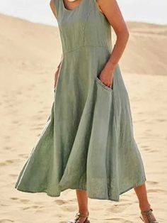 Maxi Shift Dress, Shift Dresses, Khaki Dress, Pinafore Dress, Maxi Dress Green, House Dress, Solid Dress, Sleeveless Maxi Dress, Pocket Dress