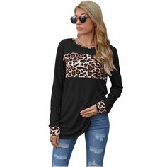 Black Splice Leopard Round Neck Long Sleeve Top Round Neck Long Sleeve Top, Leopard Jacket, Tops Long Sleeve, Top Women, Women Tops, Tshirt Colors, T Shirt Top, Long Sleeve Top, Green And Grey