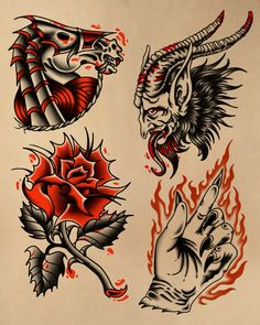 an old school tattoo design with red and black ink