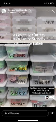 some plastic containers are stacked on top of each other and labeled with the words happy birthday