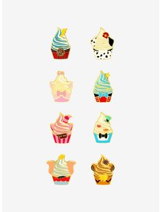 six cupcakes with different designs on them