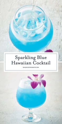 the blue hawaiian cocktail is garnished with purple orchids