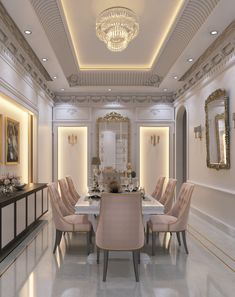 an elegant dining room with chandelier, chairs and table in the middle of the room