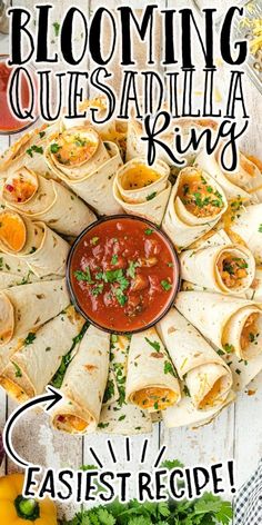 a plate filled with quesadillas and salsa