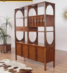 a wooden bookcase sitting on top of a hard wood floor next to a potted plant